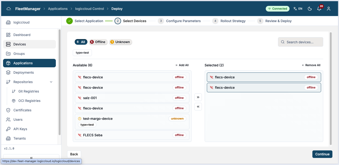 Deploy application wizard