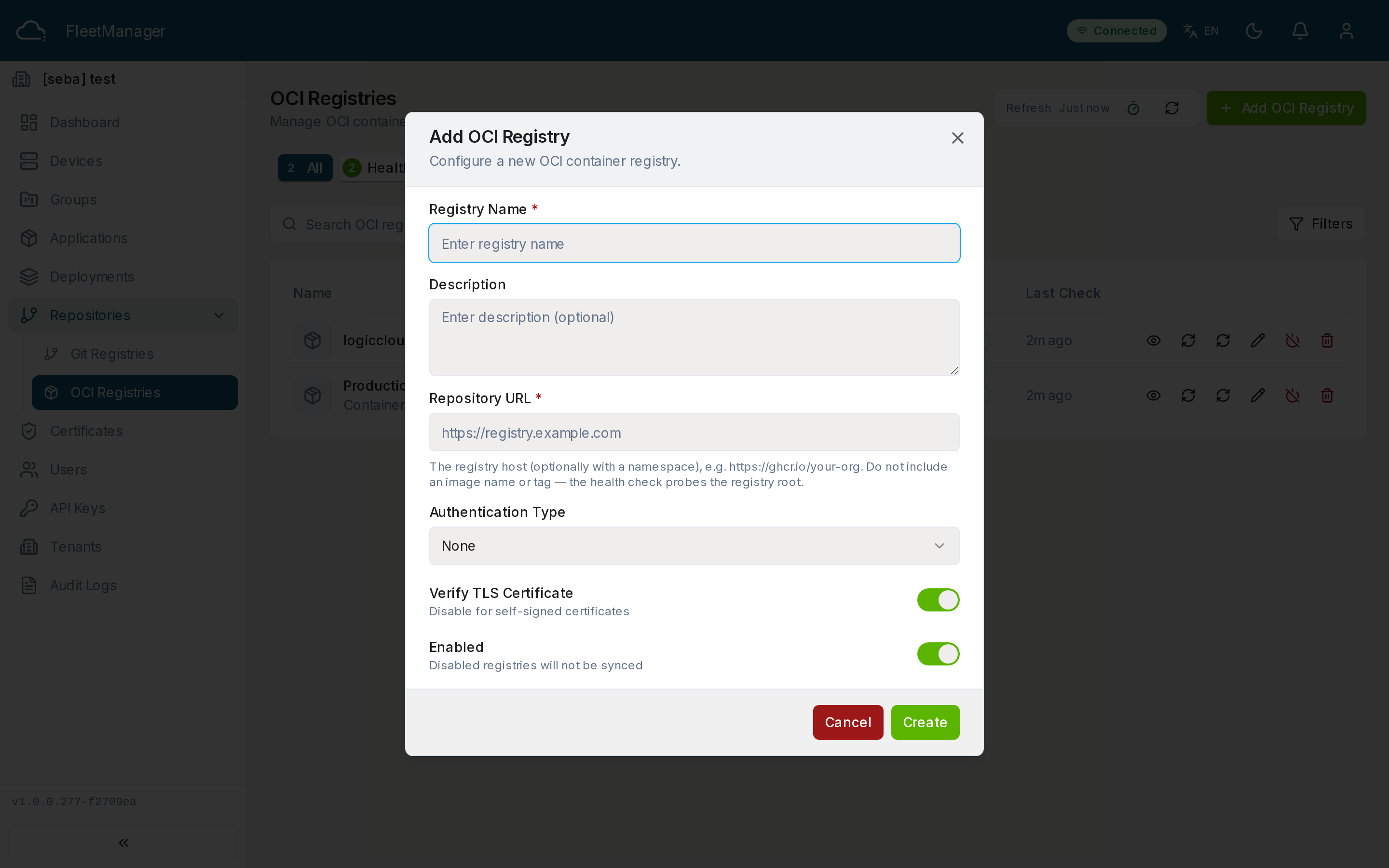 The Add OCI Registry dialog