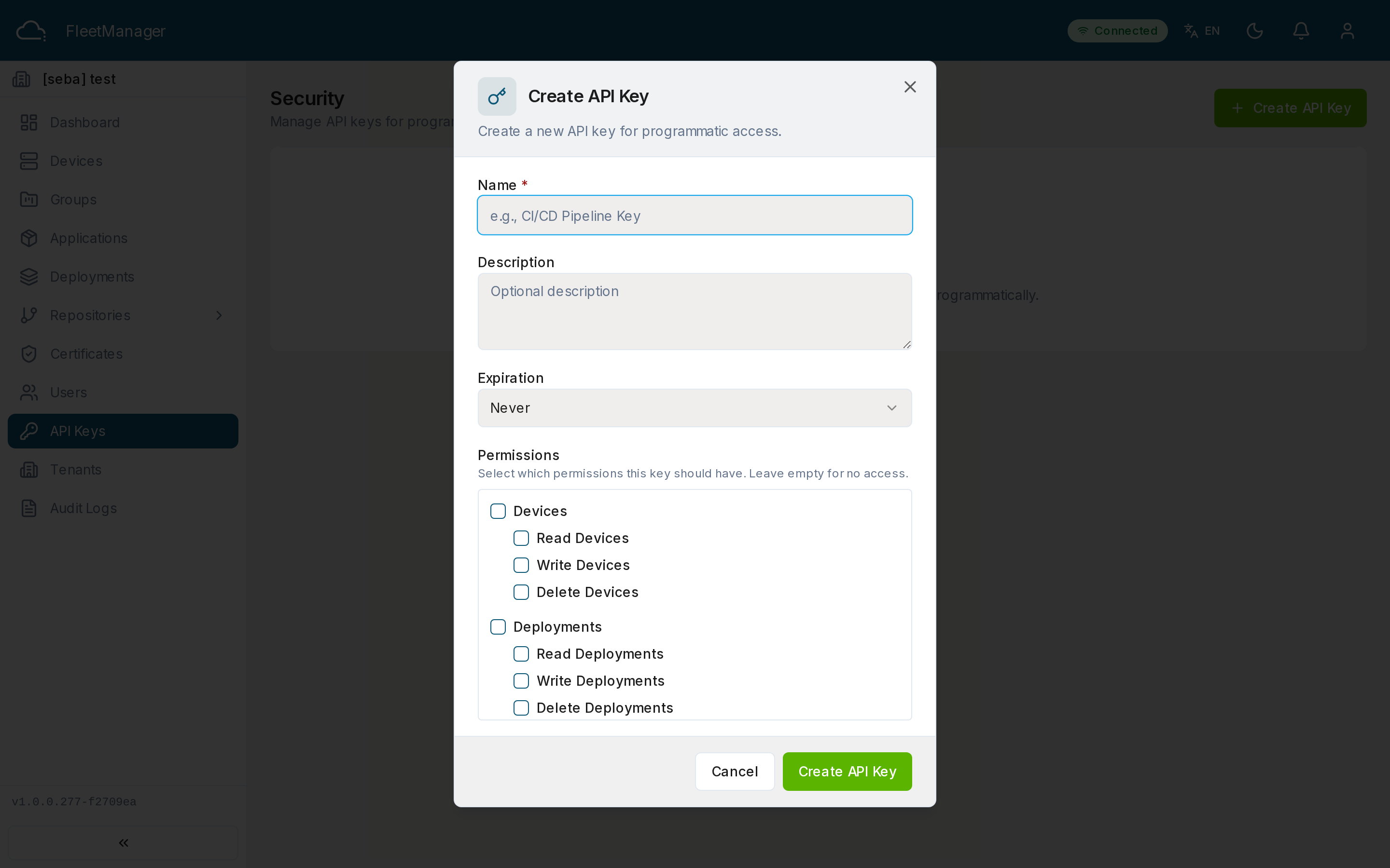 The Create API Key dialog