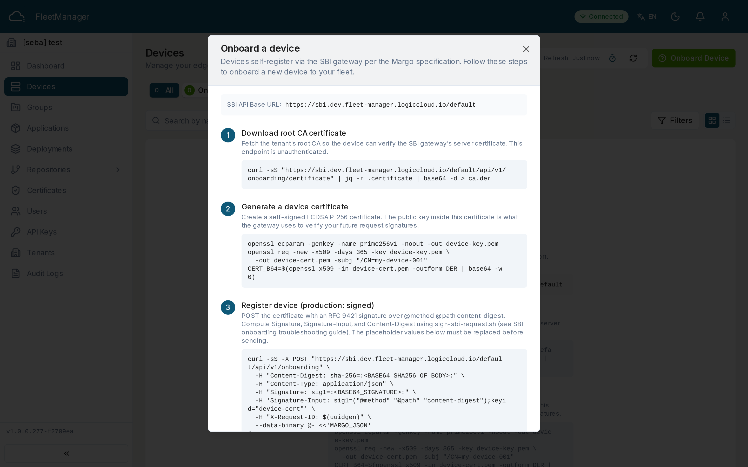 The Onboard a device dialog with its step-by-step commands
